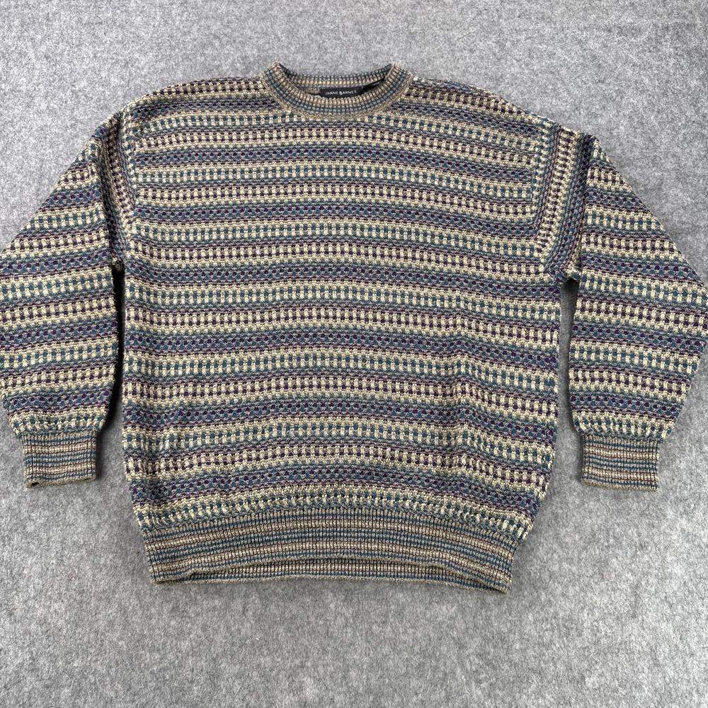 Jhane Barnes Sweater Mens XL Blue Tan Purple Textured Knit Geometric Crewneck